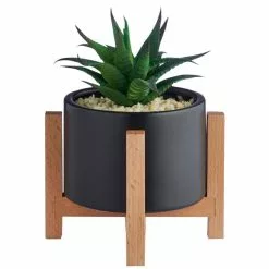 Dunelm Black Pot On A Wooden Stand With Plant -Dunelm Garden Store 30729965 alt03